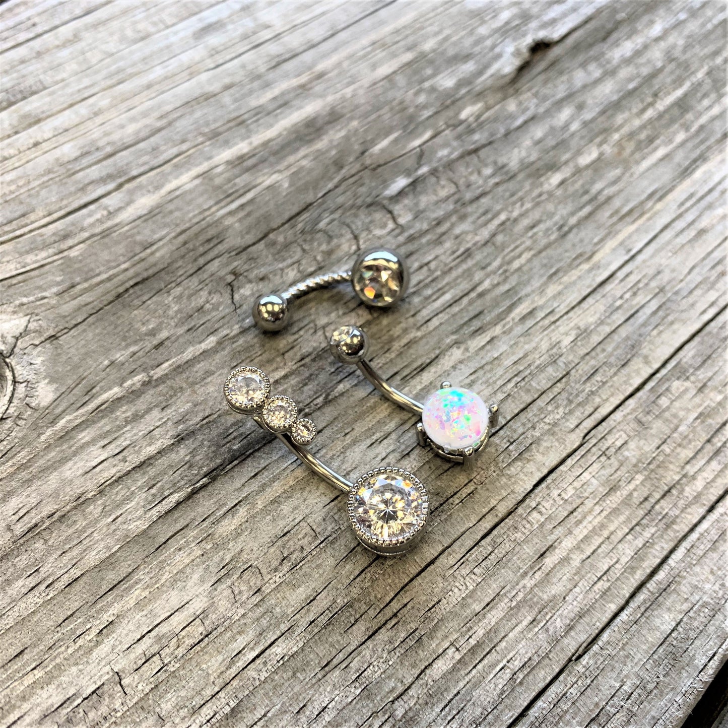 Clear Gem White Faux Opal Twisted Belly Ring Set of 3
