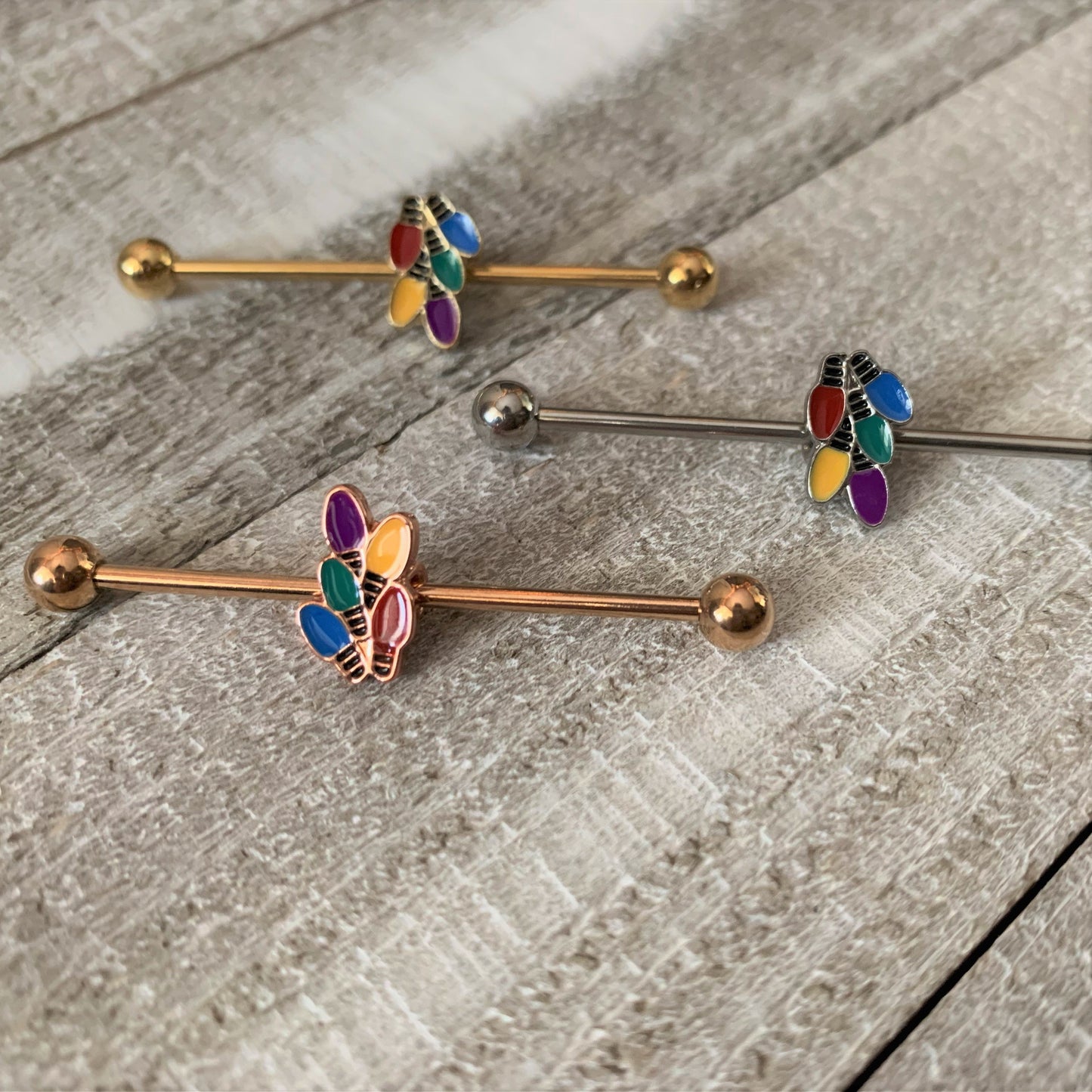 14G Gold Tone Christmas Lights Industrial Barbell 38mm