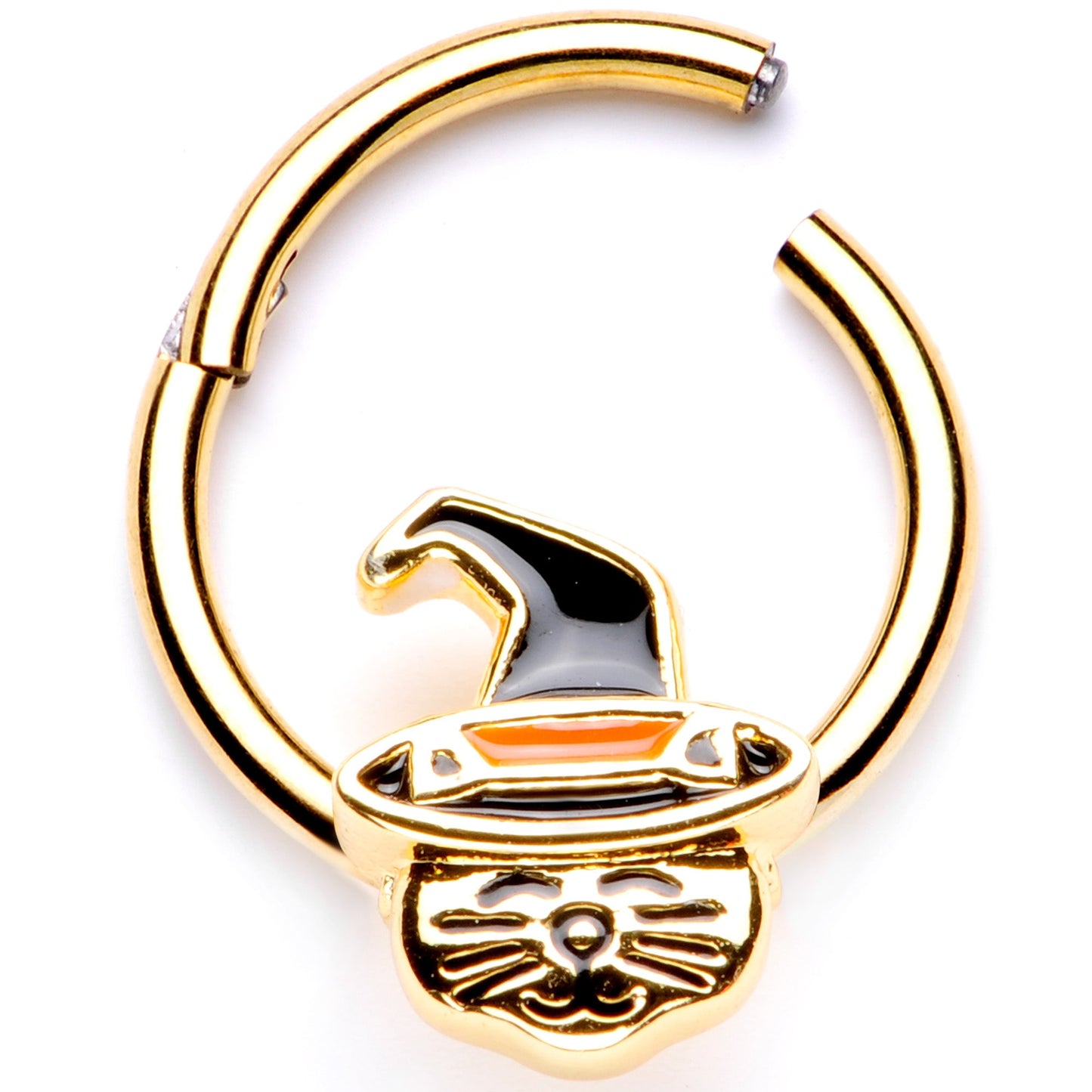 16G 3/8 Gold Tone Witch Hat Cat Halloween Hinged Segment Ring
