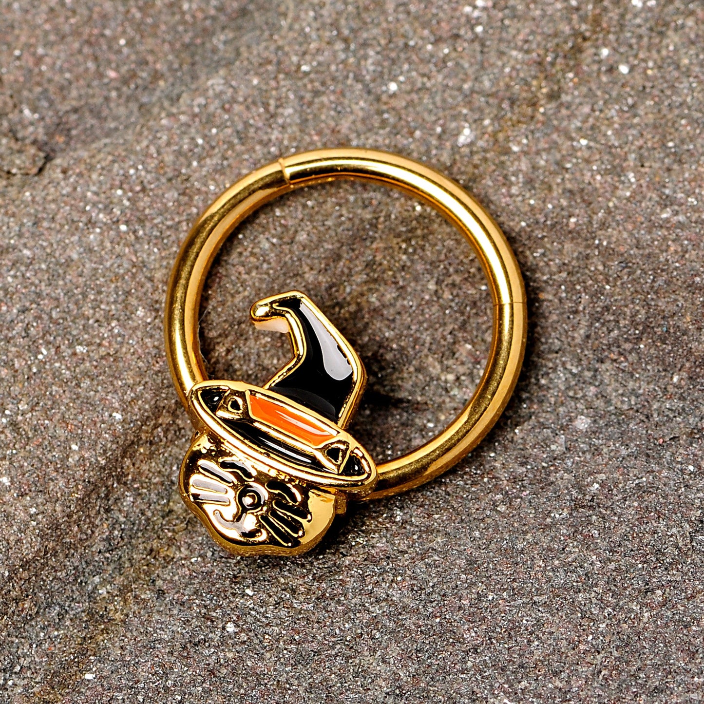 16G 3/8 Gold Tone Witch Hat Cat Halloween Hinged Segment Ring