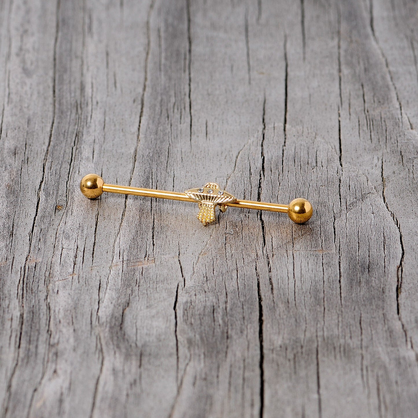14G Clear Gem Gold Tone Alien UFO Beam Industrial Barbell 38mm
