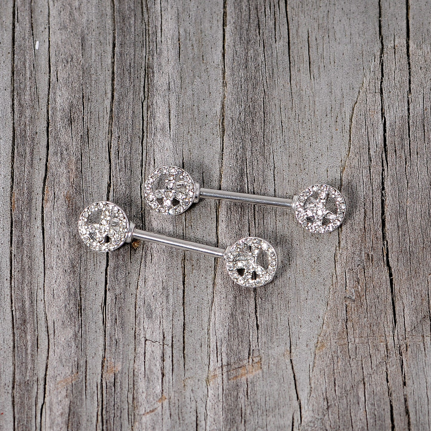 14G 9/16 Clear Gem Retro Peace Sign Barbell Nipple Ring Set