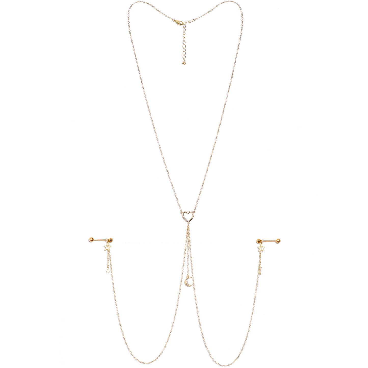14G 5/8 Aurora Gem Gold Tone Heart Star Nipple Chain Necklace