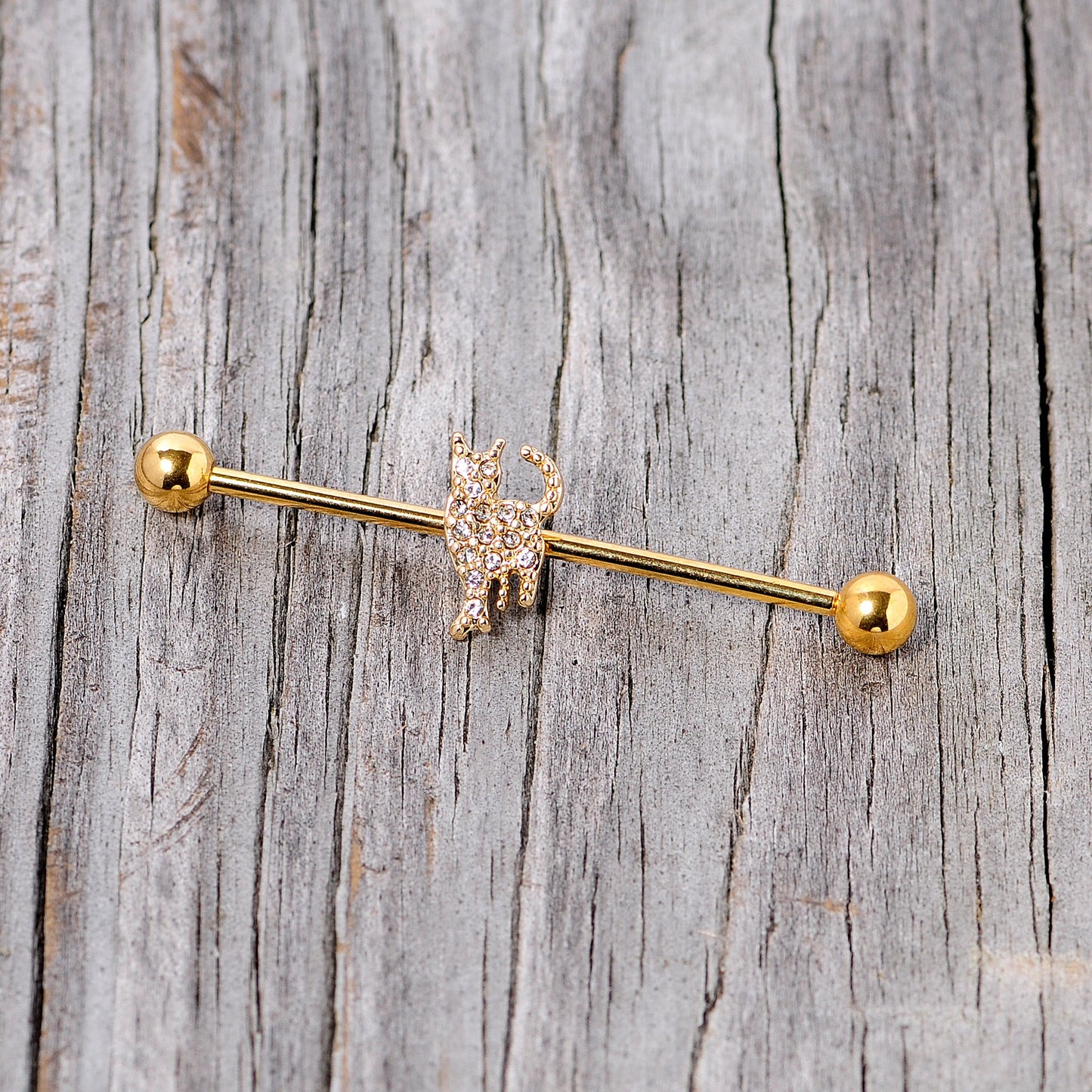 14G Clear Gem Gold Tone Glamourpuss Cat Industrial Barbell 38mm