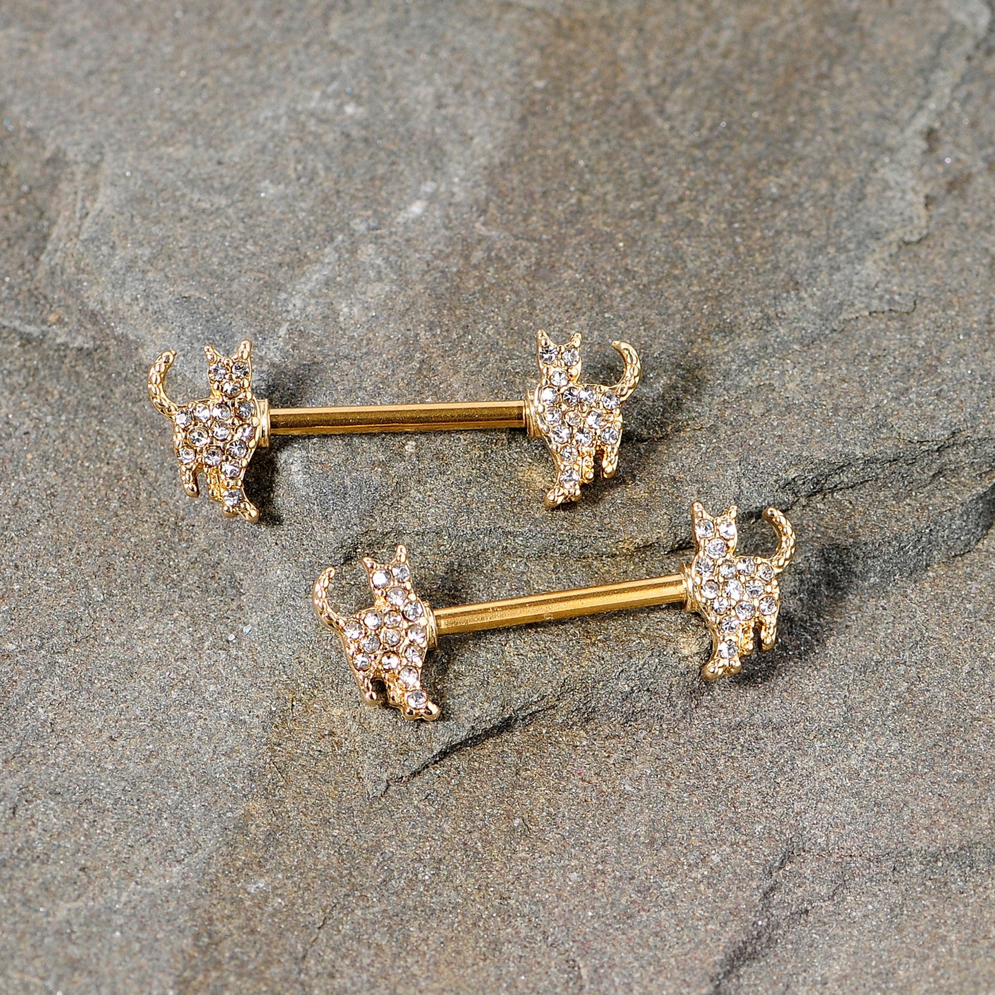 14G 9/16 Clear Gem Gold Tone Glamour Cat Barbell Nipple Ring Set