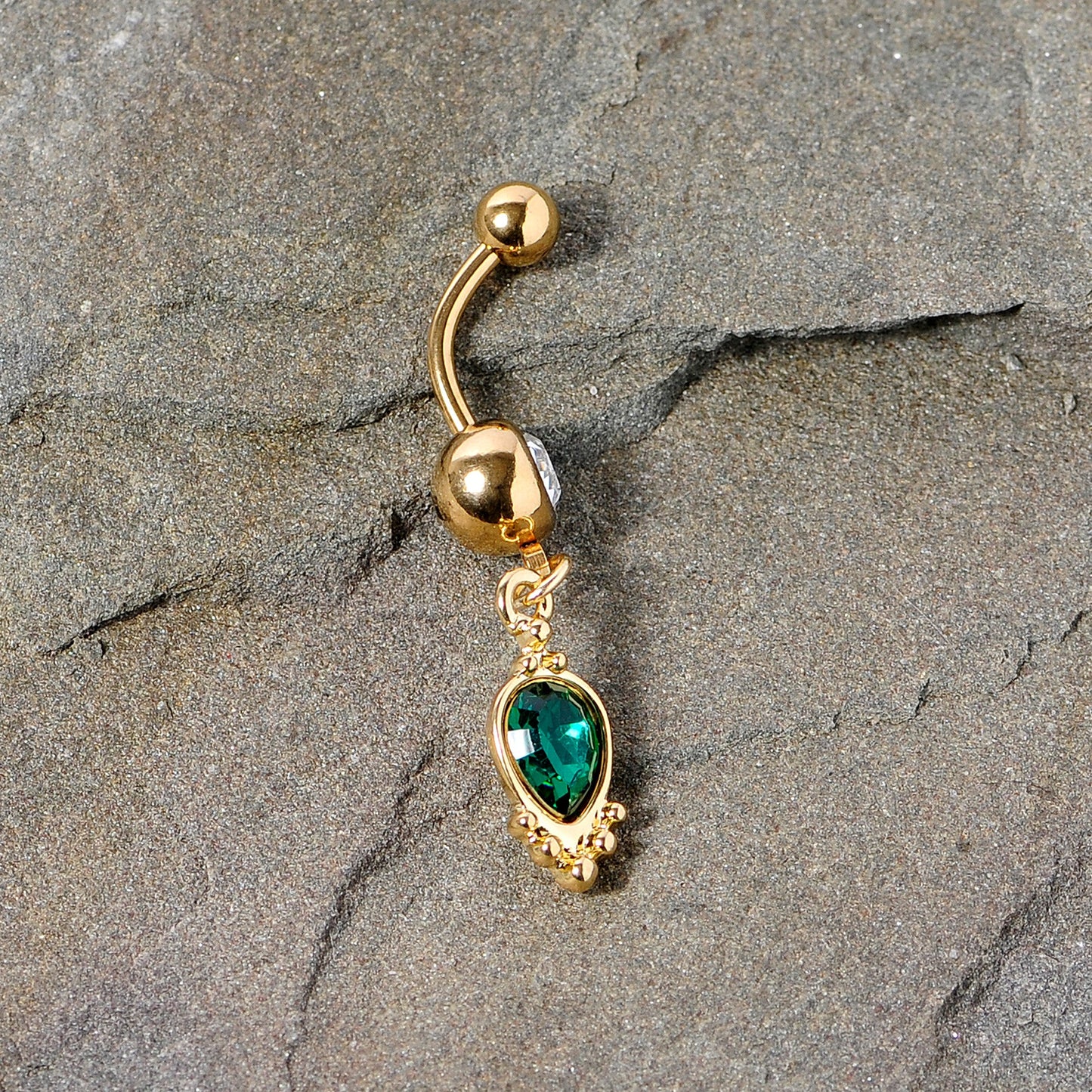 Clear Green Gem Gold Tone Christmas Dangle Belly Ring