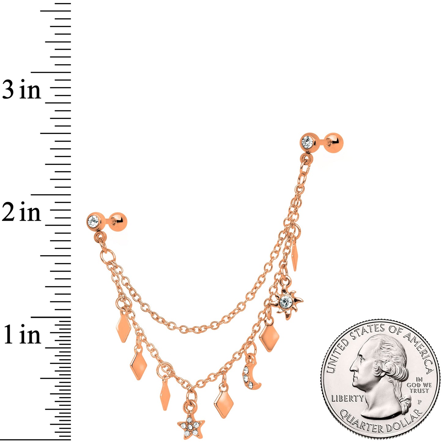 16G 1/4 Rose Gold Tone Moon Sun Dangle Cartilage Chain Earring