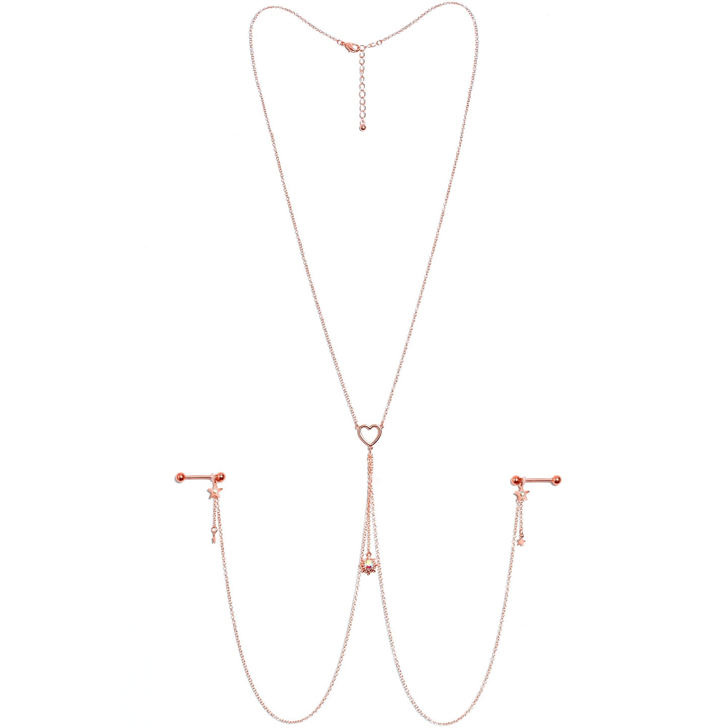 14G 5/8 Aurora Gem Rose Gold Hue Star Sun Nipple Chain Necklace