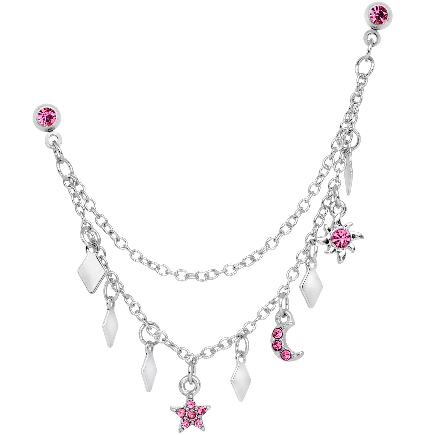 16G 1/4 Pink Gem Moon Star Sun Dangle Cartilage Chain Earring