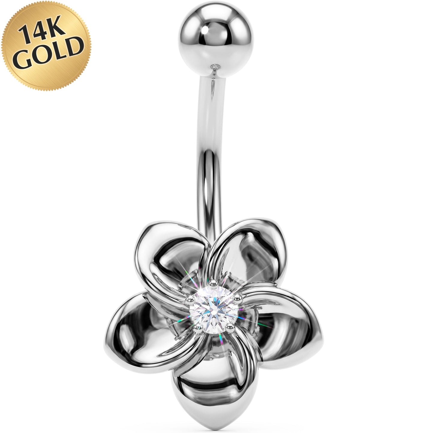 16G Solid 14K White Gold Cubic Zirconia FLOWER Belly Ring