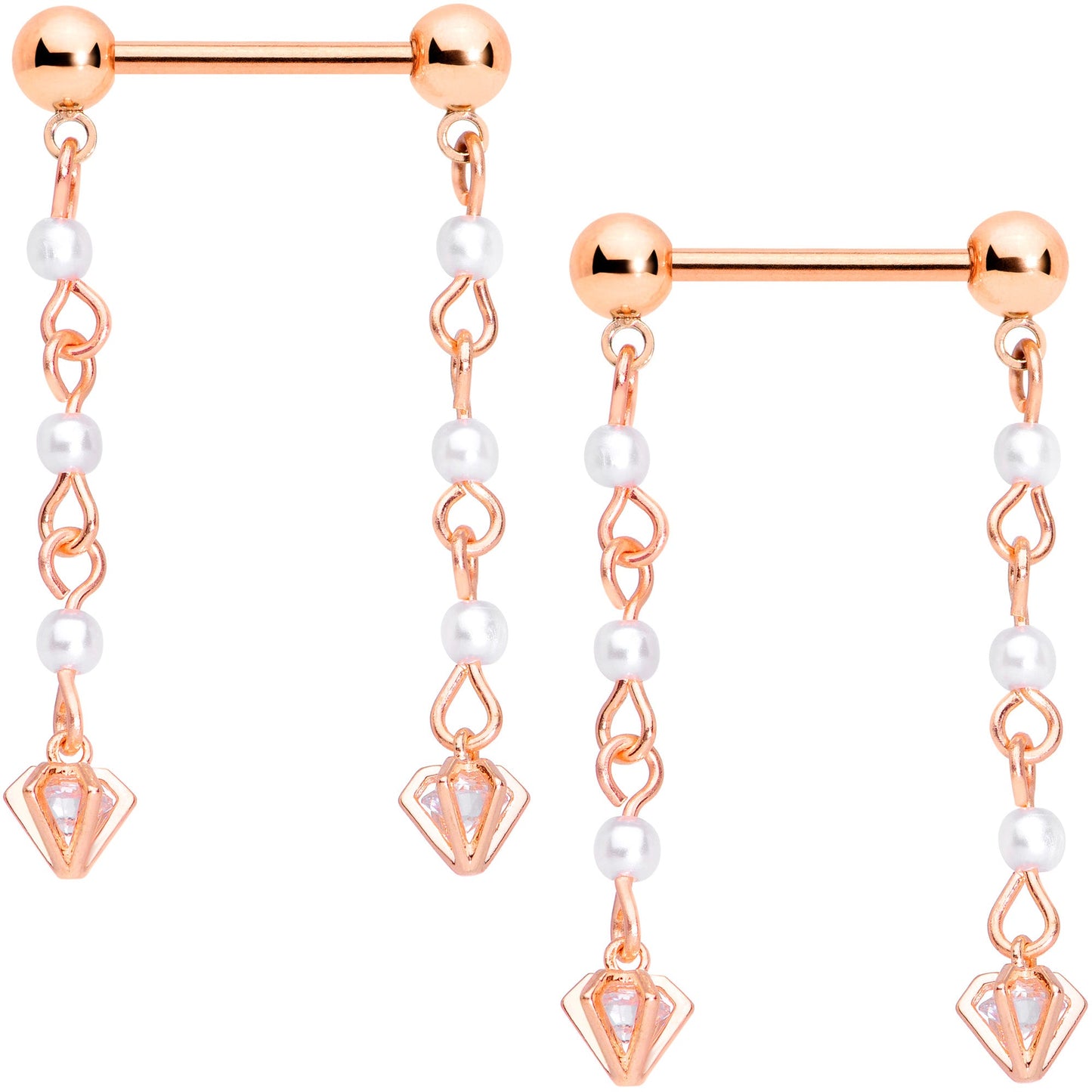 14G 5/8 Clear CZ Gem Rose Gold Tone Orb Dangle Nipple Ring Set