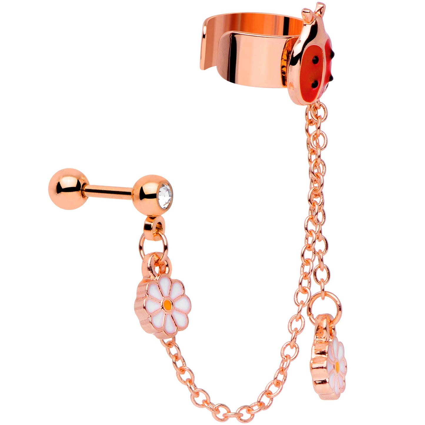 16G Rose Gold Tone Ladybug Flower Left Cuff Chain Cartilage Ring