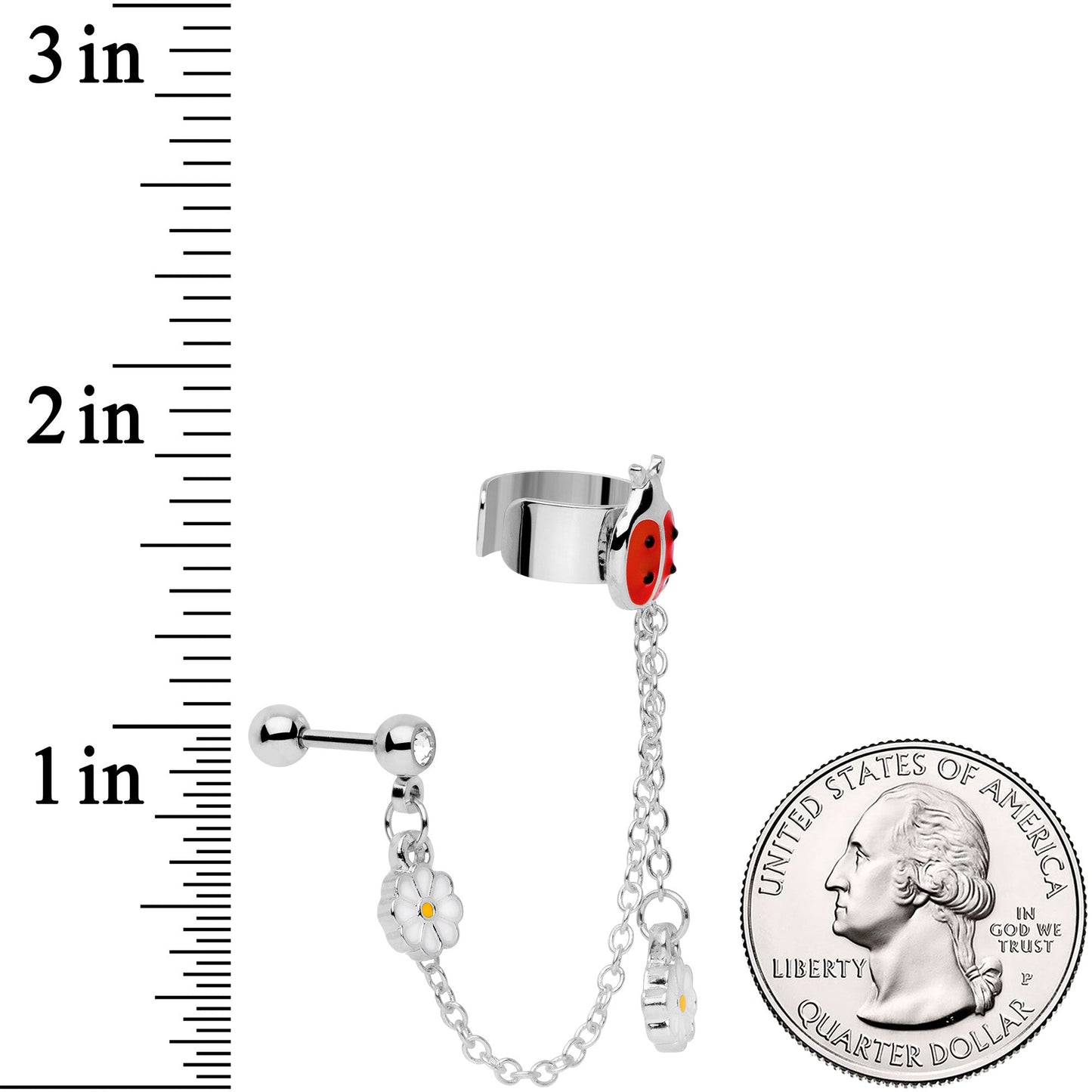 16G 1/4 Clear Gem Ladybug Flower Left Cuff Chain Cartilage Ring