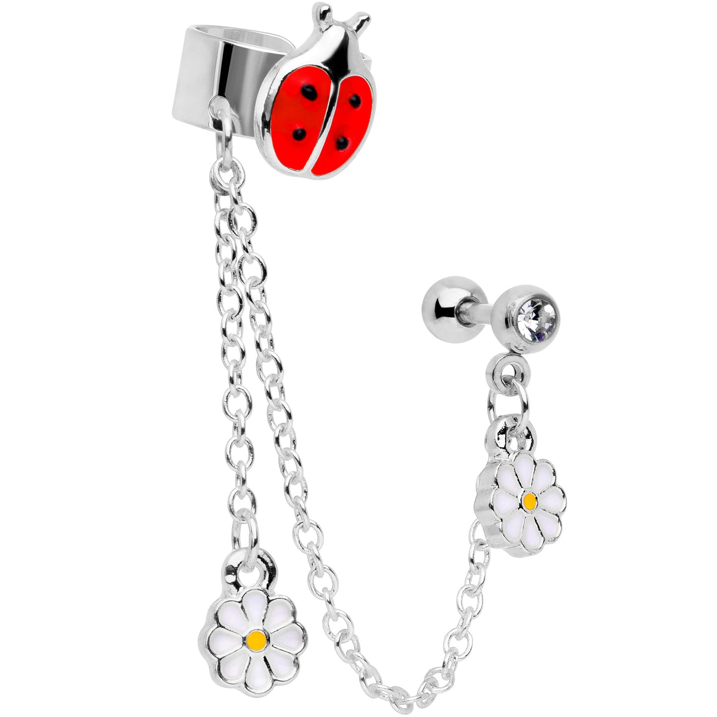 16G 1/4 Clear Gem Ladybug Flower Right Cuff Chain Cartilage Ring