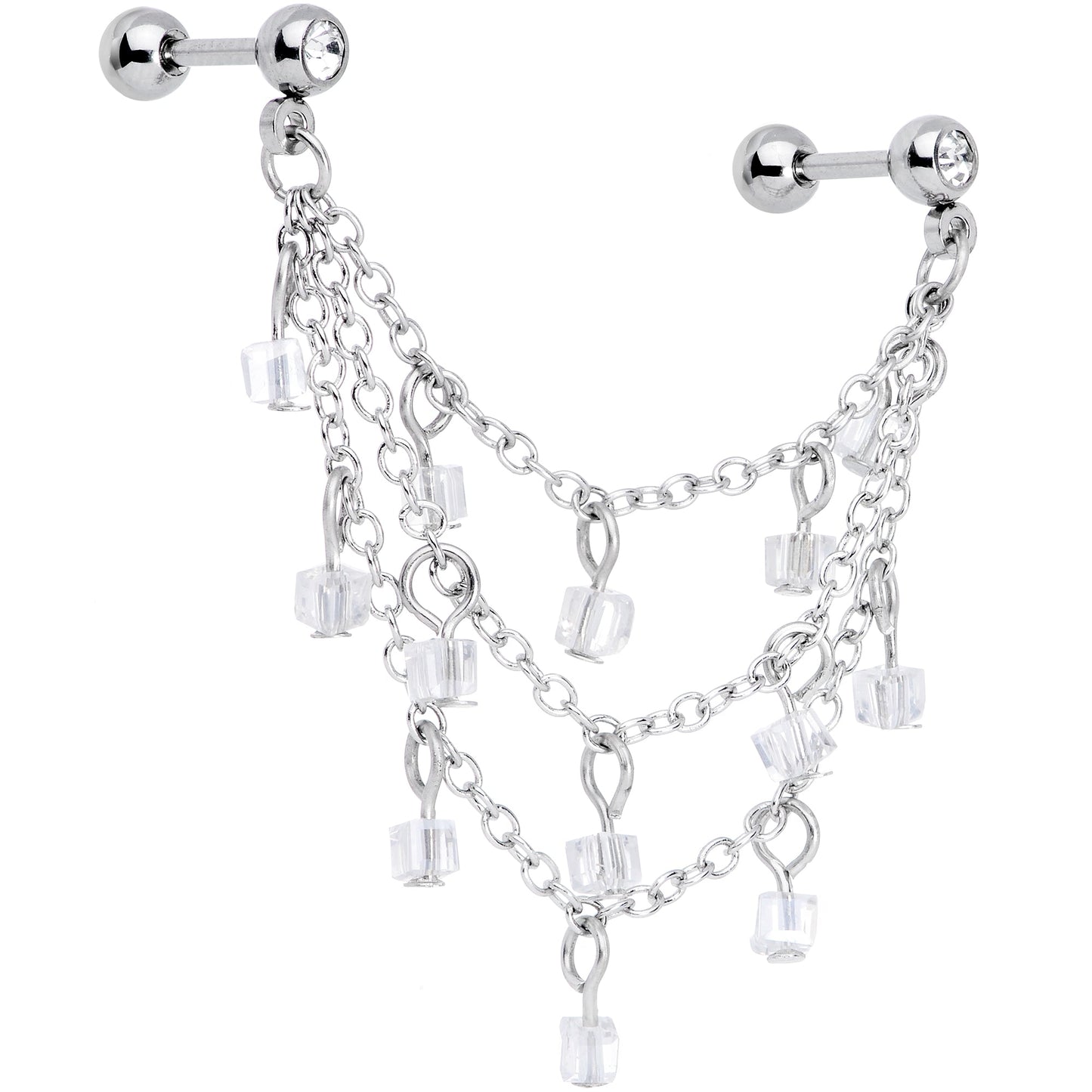 16G 1/4 Clear Gem Clear Cube Triple Dangle Cartilage Chain Earring