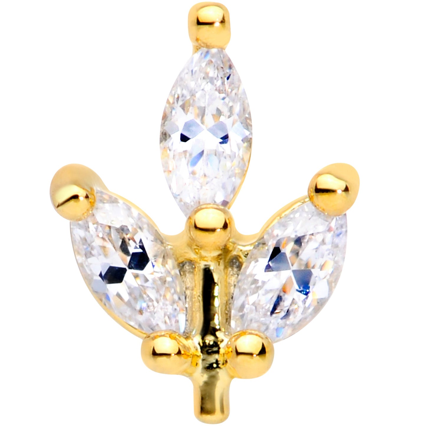 16G 1/4 CZ Gem Gold PVD Leaf Threadless Push In Labret Tragus