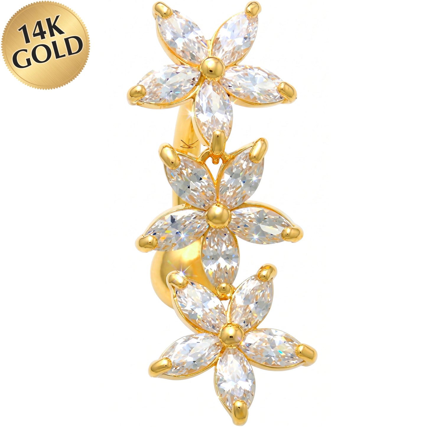 16G Solid 14K Yellow Gold Top Mount Cubic Zirconia Lily Drop Belly Ring