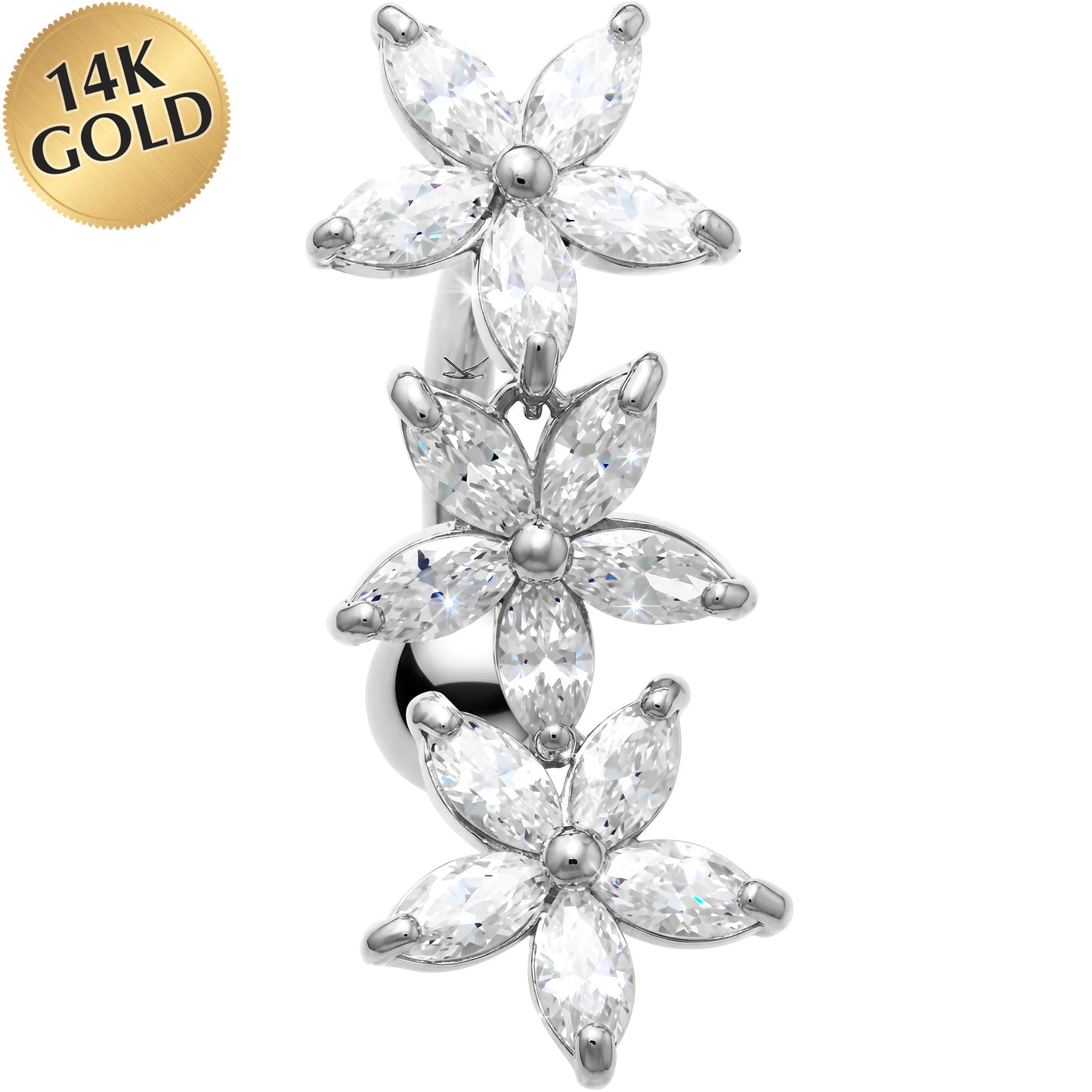 16G Solid 14K White Gold TOP MOUNT Cubic Zirconia LILY DROP Belly Ring
