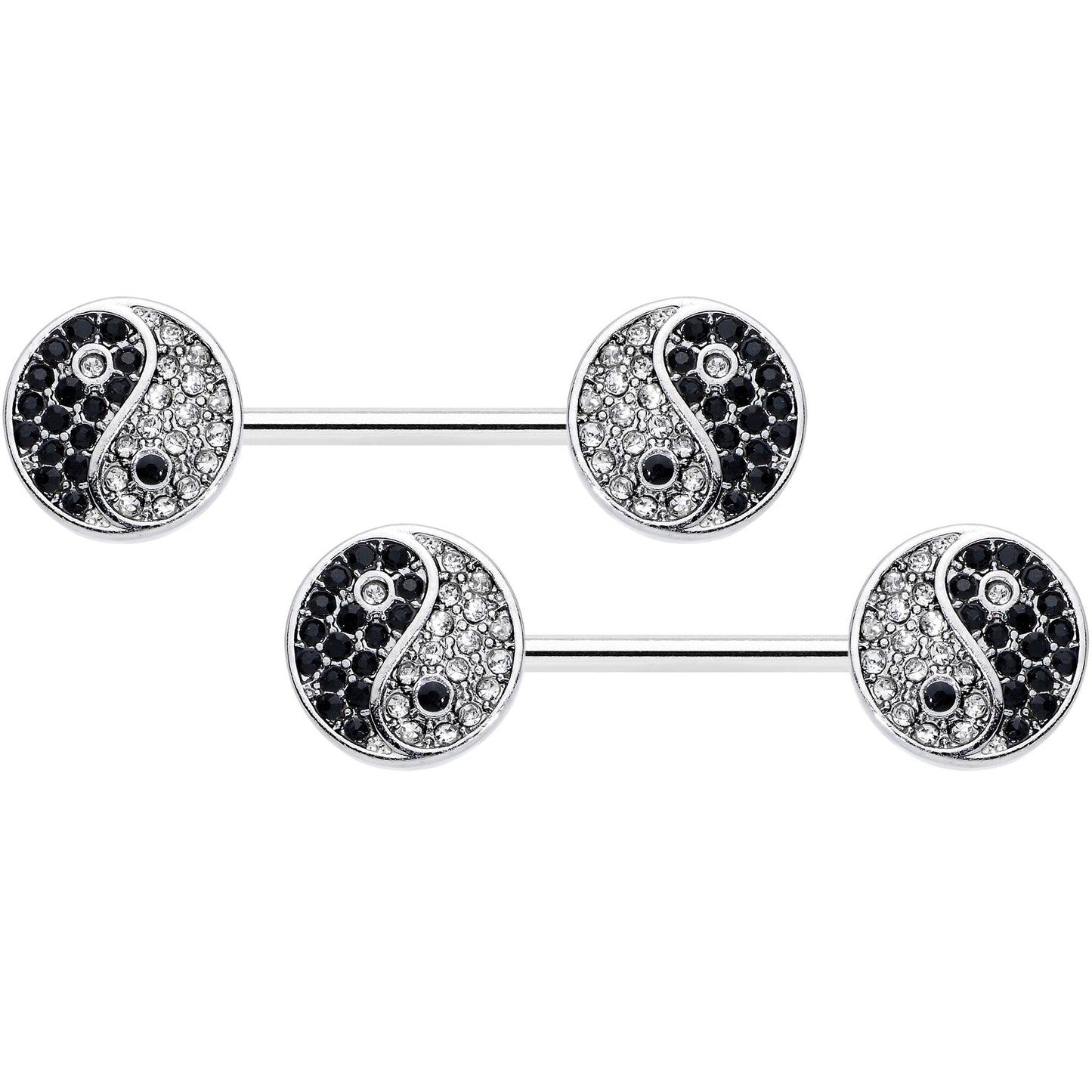14G 9/16 Clear Black Gem Yin Yang Barbell Nipple Ring Set