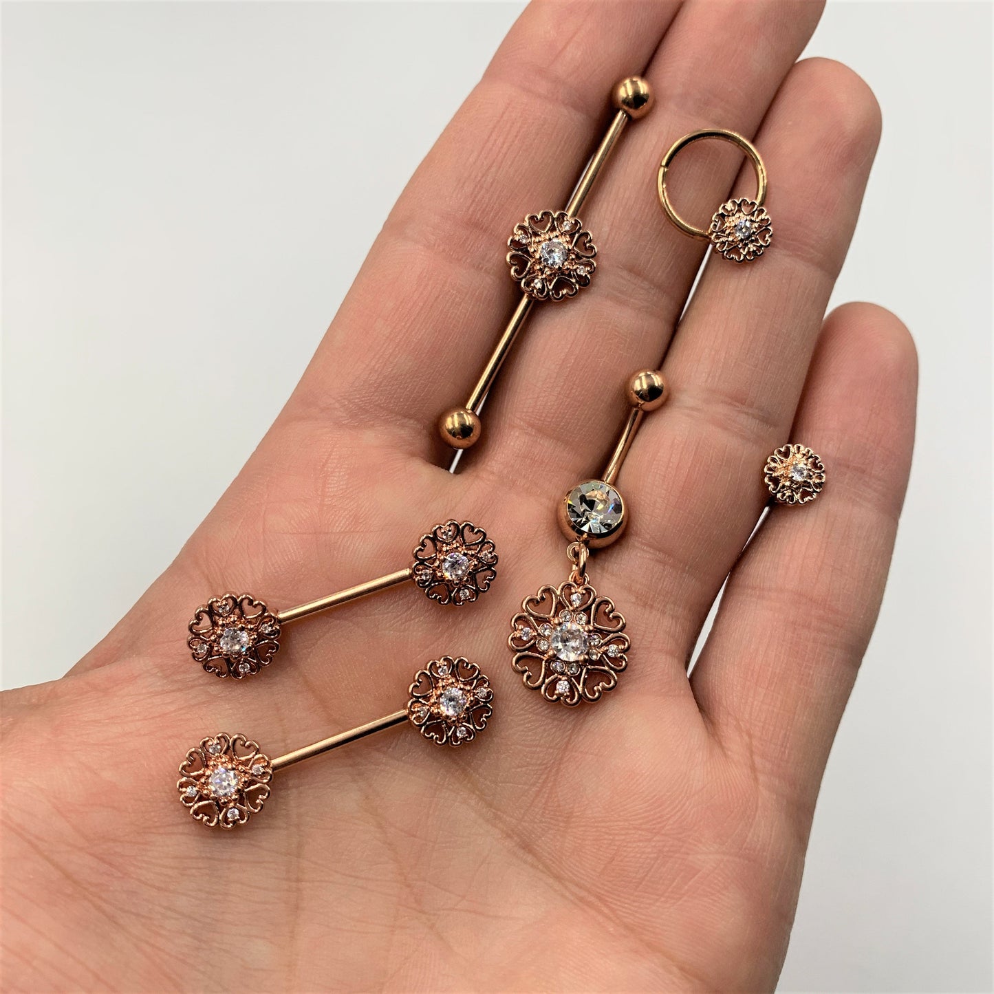 16G 5/16 Clear CZ Rose Gold Tone Hearts Labret Monroe Tragus