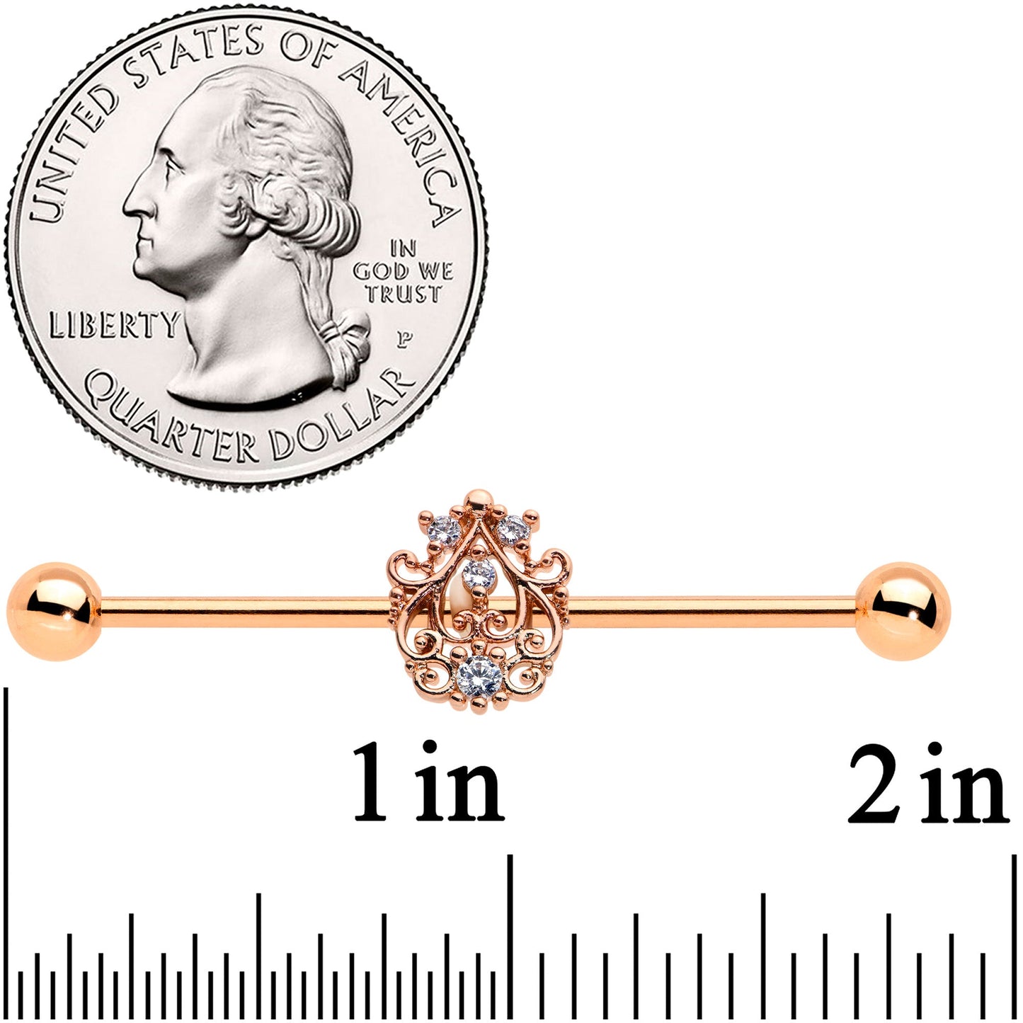 14G Clear CZ Gem Rose Gold Tone Elegant Industrial Barbell 38mm