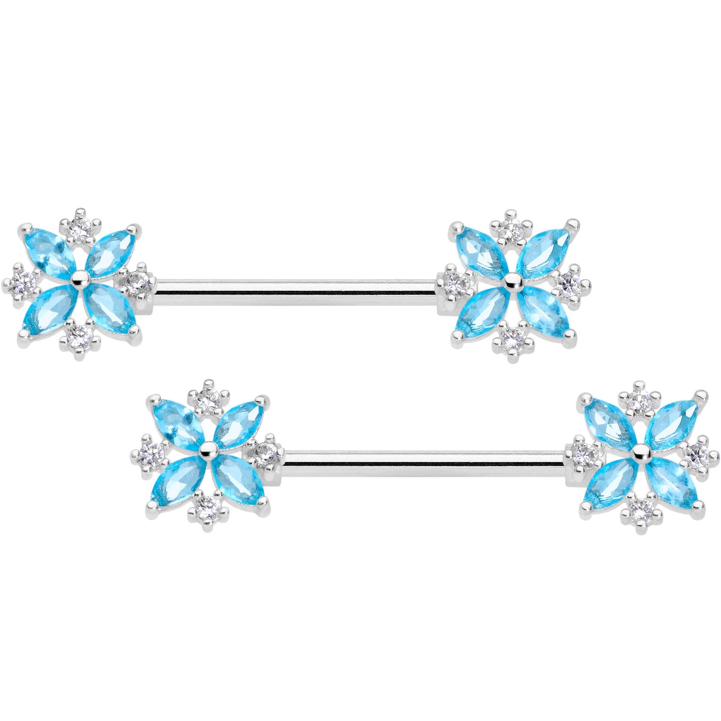 14G 5/8 Aqua CZ Gem Star Burst Barbell Nipple Ring Set