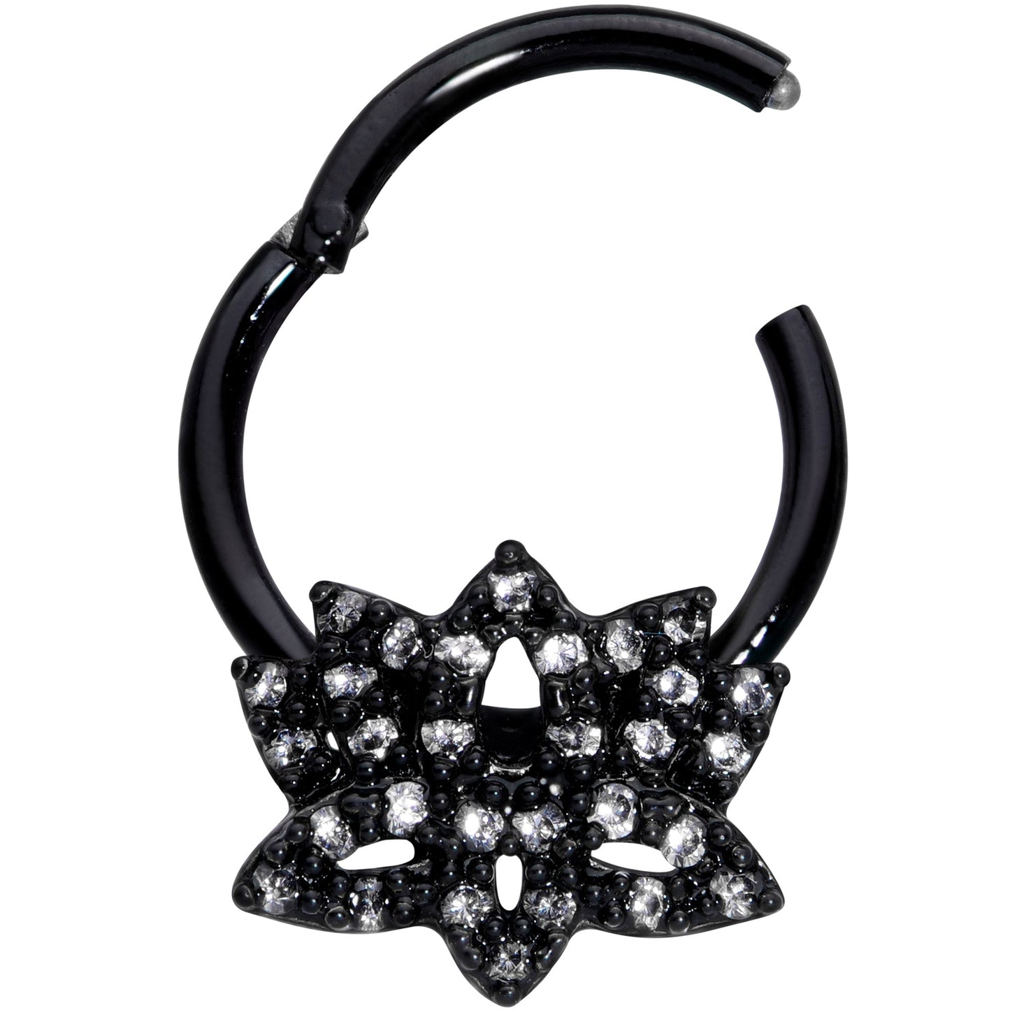 16G 3/8 Clear CZ Gem Black Lotus Flower Hinged Segment Ring