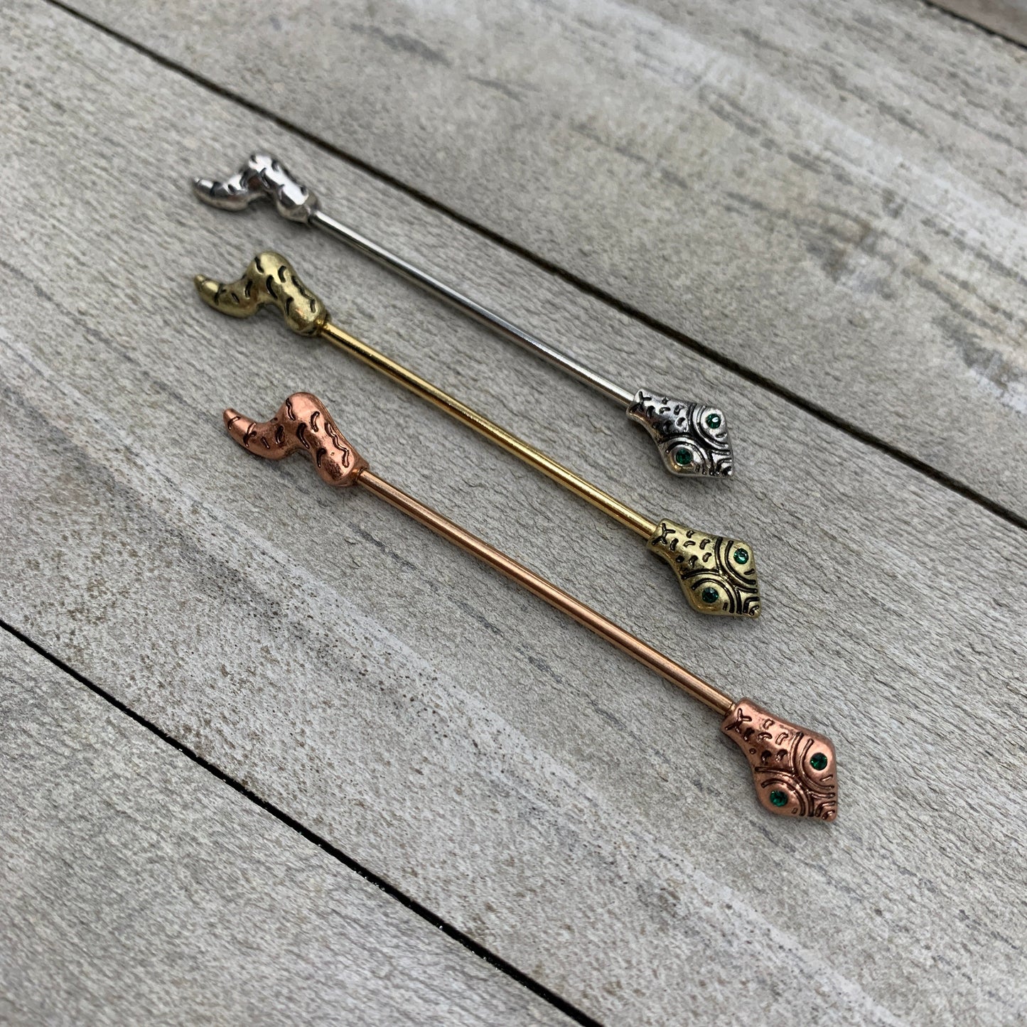 14G Green Gem Rose Gold Tone Tribal Serpent Industrial Barbell 38mm