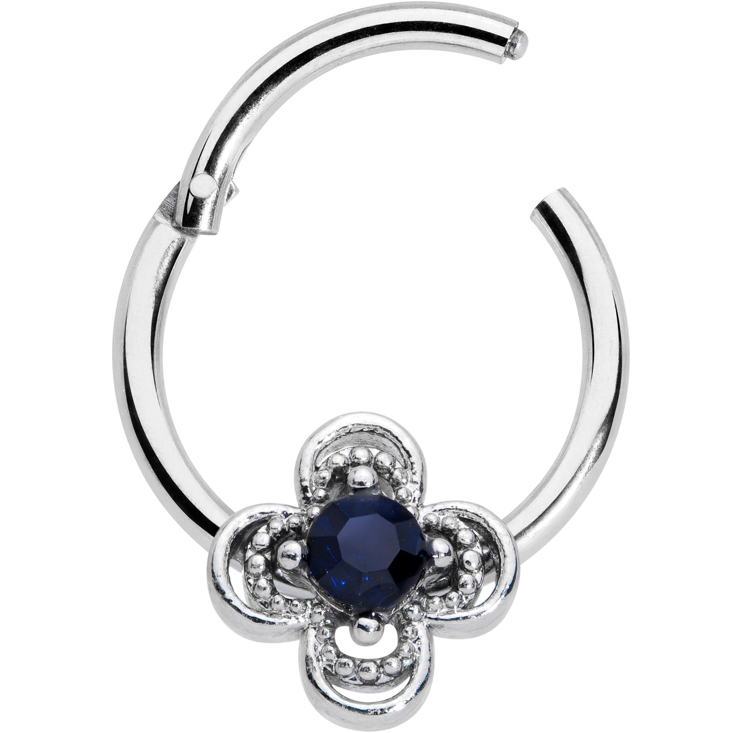 16G 3/8 Blue Gem Stylized Deco Cross Hinged Segment Ring