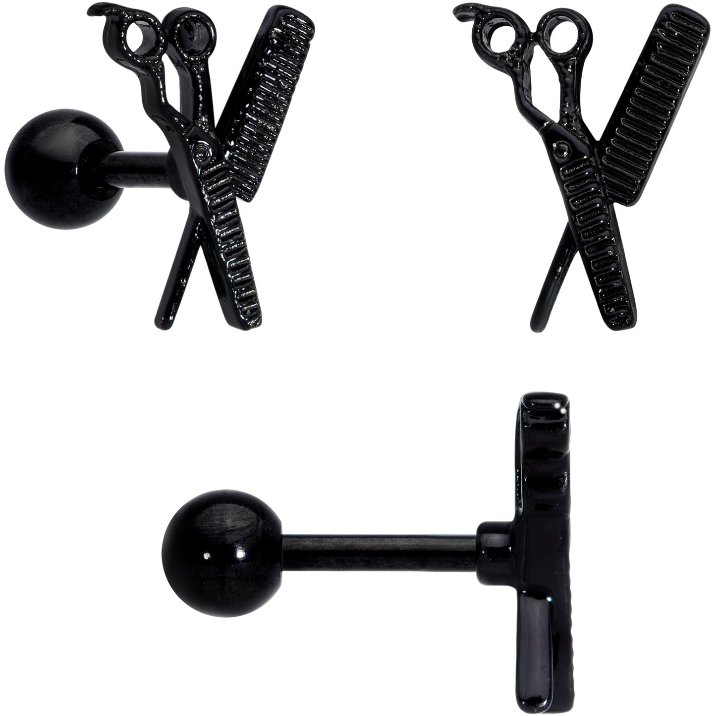 16G 1/4 Black Scissor Comb Hair Cartilage Tragus Earring Set of 3