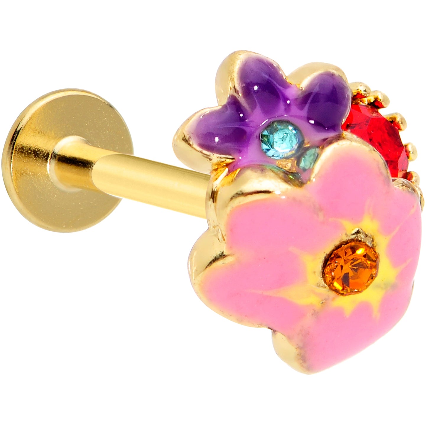 16G 5/16 Red Blue Gem Gold Tone Multi Flower Labret Monroe Tragus