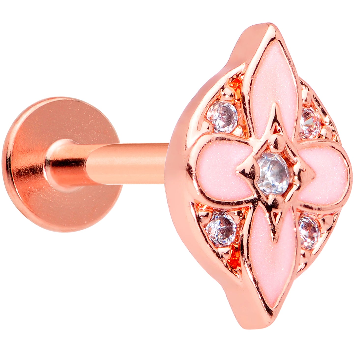 16G 5/16 Clear Gem Rose Gold Tone Pink Cross Labret Monroe Tragus