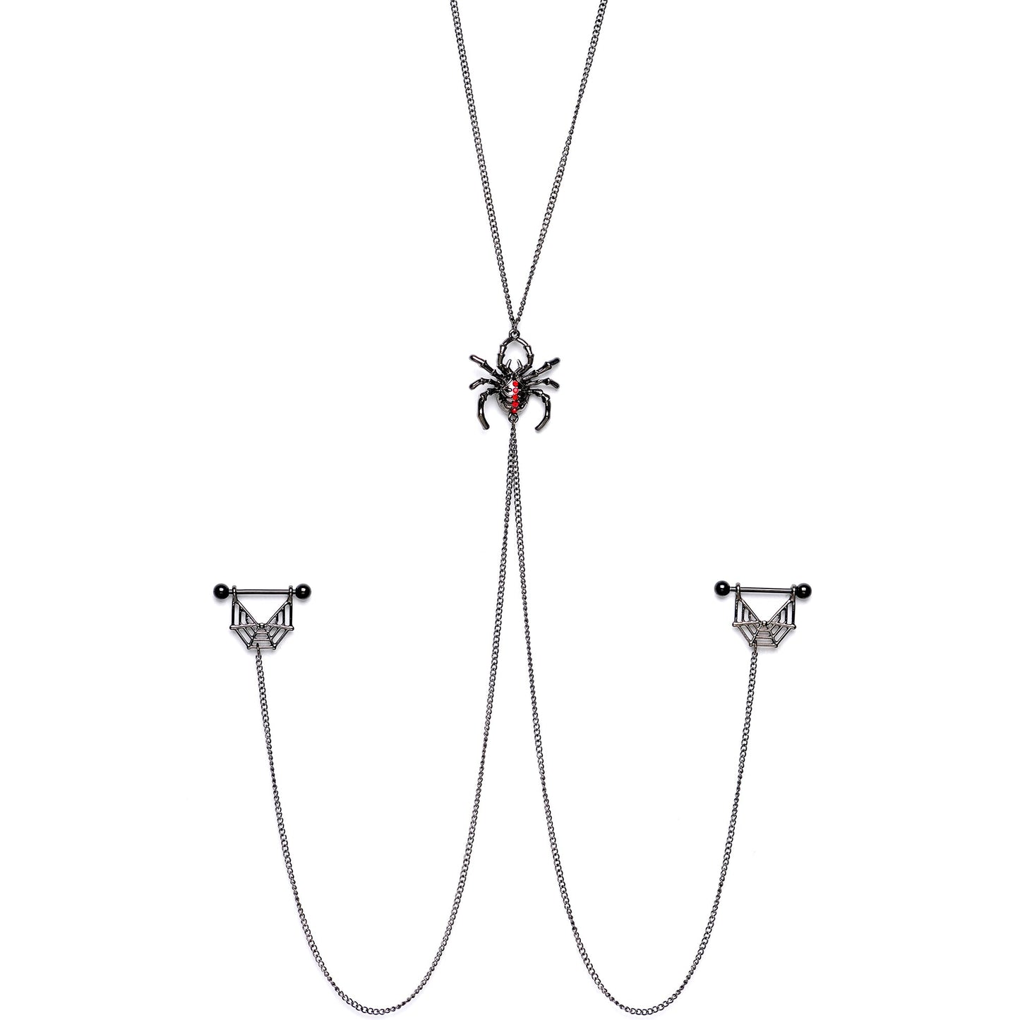 14G 9/16 Red Gem Black Spider Web Halloween Nipple Chain Necklace