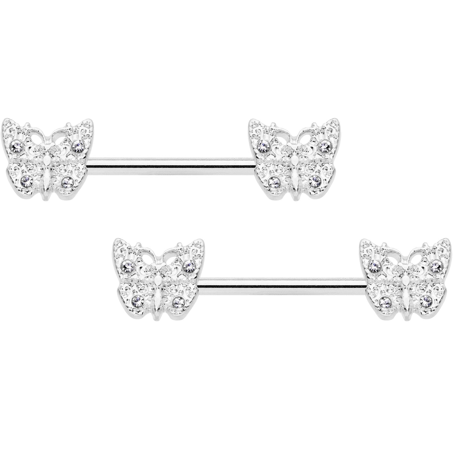 14G 9/16 Clear Gem Baroque Butterfly Barbell Nipple Ring Set