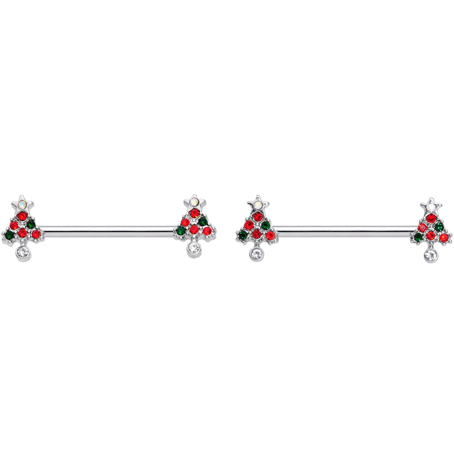 14G 11/16 Clear Red Green Gem Christmas Tree Nipple Ring Set