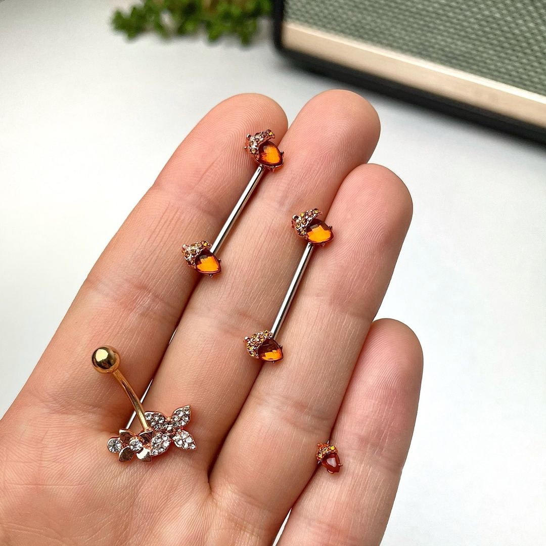 14G 5/8 Brown Gem Rose Gold Tone Autumn Acorn Nipple Ring Set