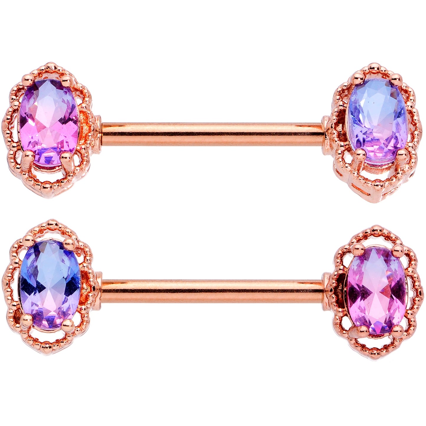 14G 9/16 Purple Tourmaline Rose Gold Tone Nipple Ring Set