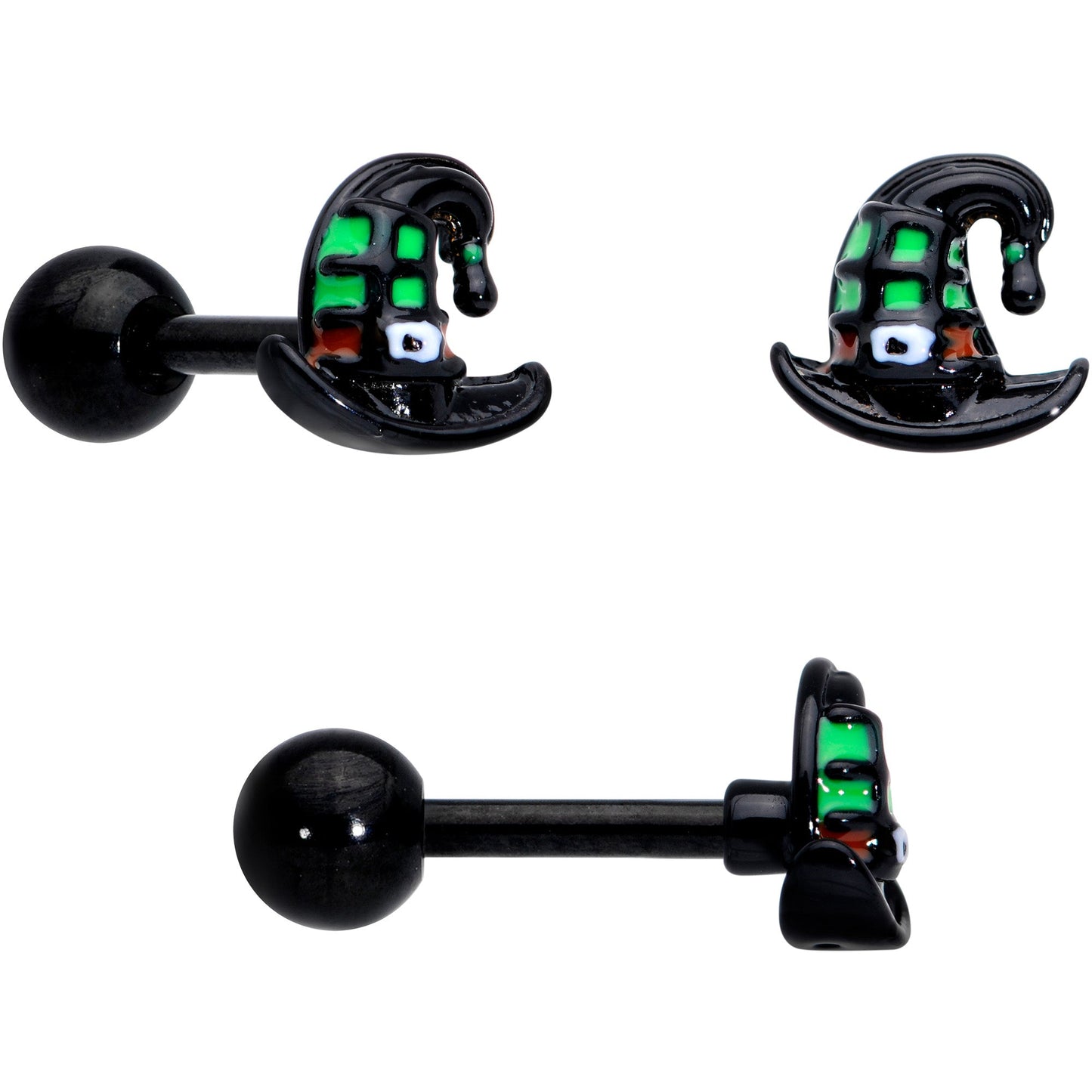 16G 1/4 Black Hat Sad Ghost Halloween Cartilage Tragus Set of 3