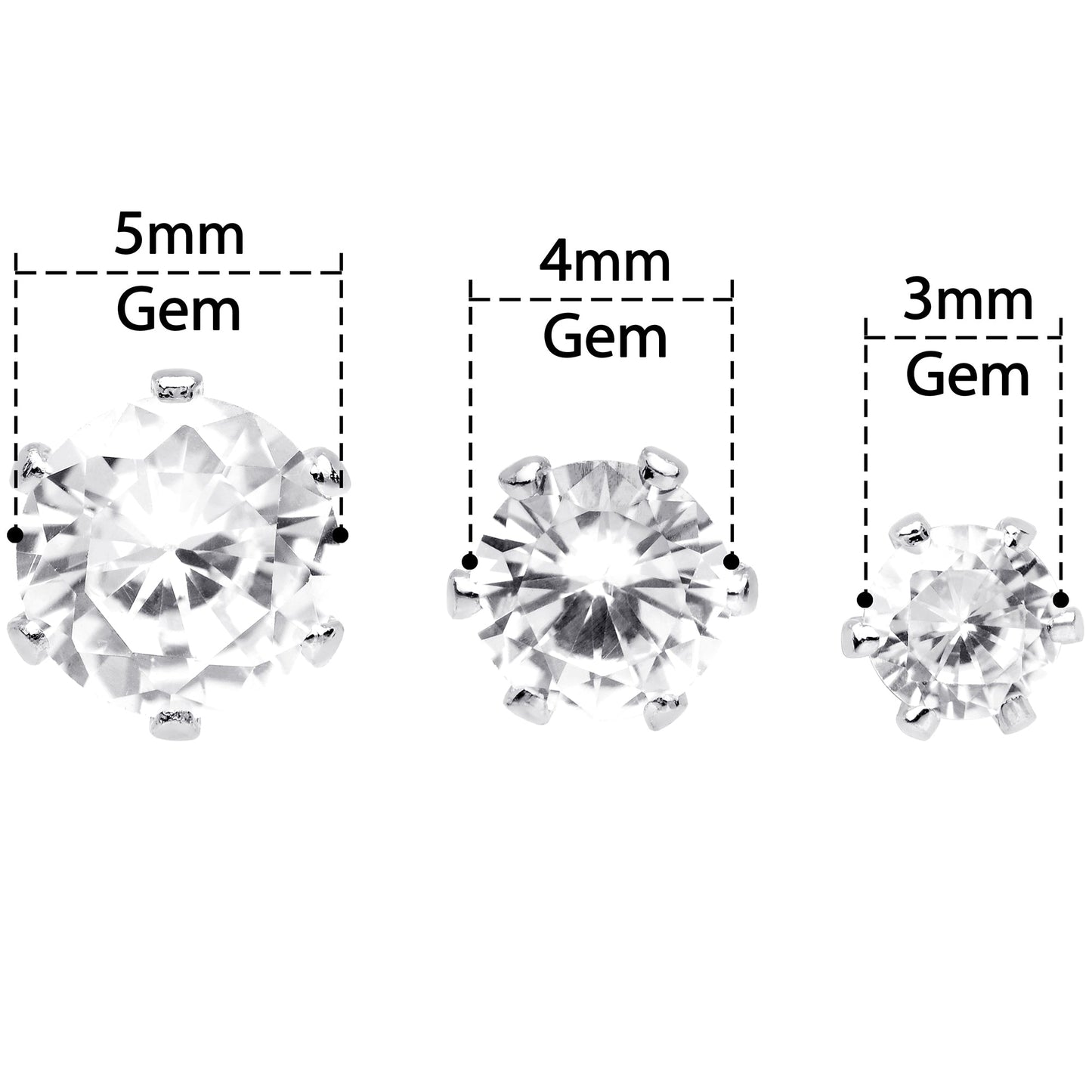 20G Clear CZ Gem 3mm to 5mm Post Stud Earring Set of 3
