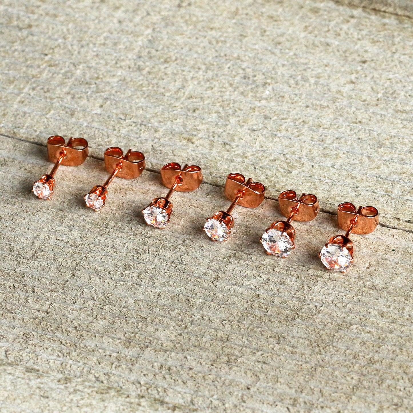 20G Clear CZ Gem Rose Gold Tone Post Stud Earring Set of 3