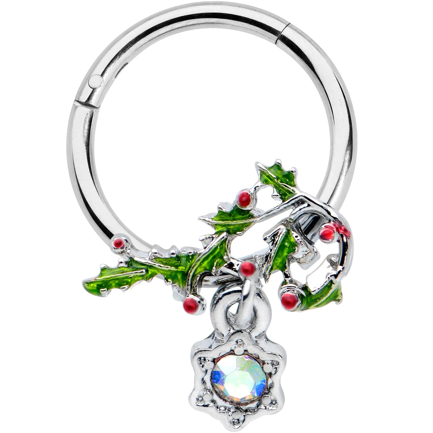 16G 3/8 Aurora CZ Candy Cane Holly Christmas Hinged Segment Ring