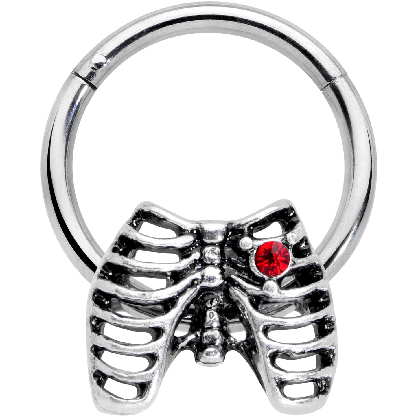 16G 3/8 Red CZ Gem Heart Skeleton Halloween Hinged Segment Ring