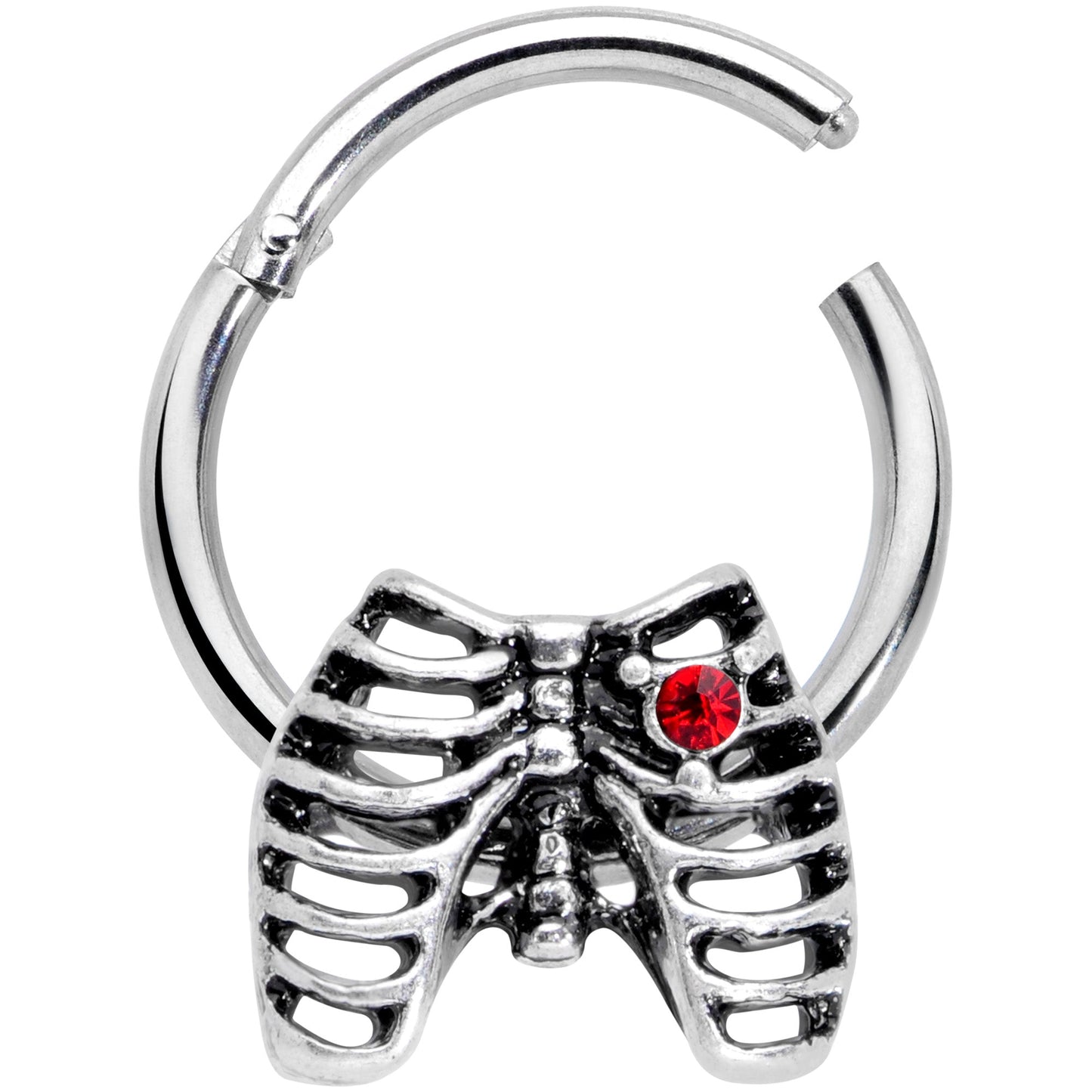 16G 3/8 Red CZ Gem Heart Skeleton Halloween Hinged Segment Ring