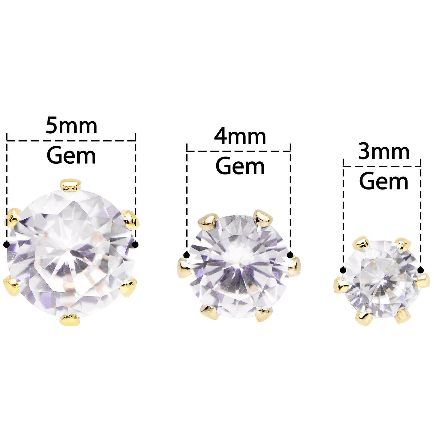 20G Clear CZ Gem Gold Tone 3mm to 5mm Post Stud Earring Set of 3