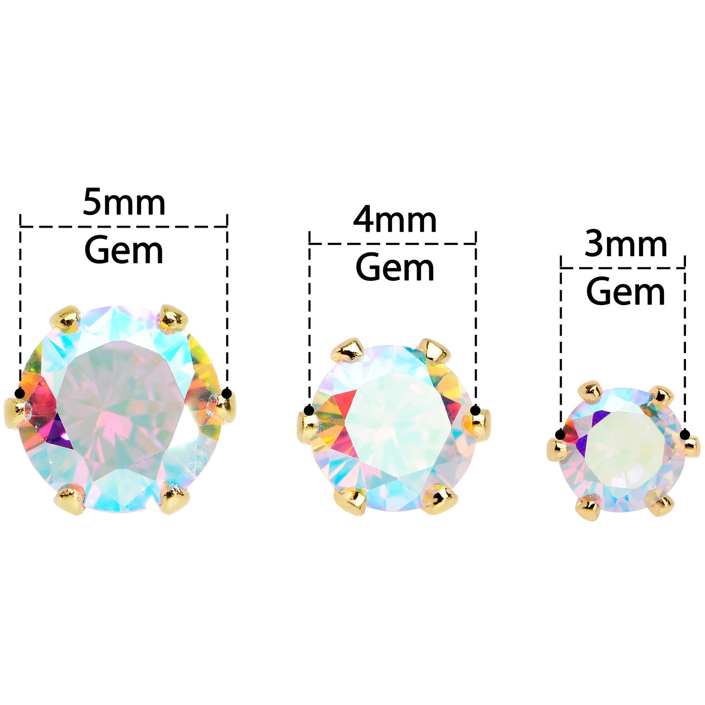 20G Aurora CZ Gem Gold Tone 3mm to 5mm Post Stud Earring Set of 3
