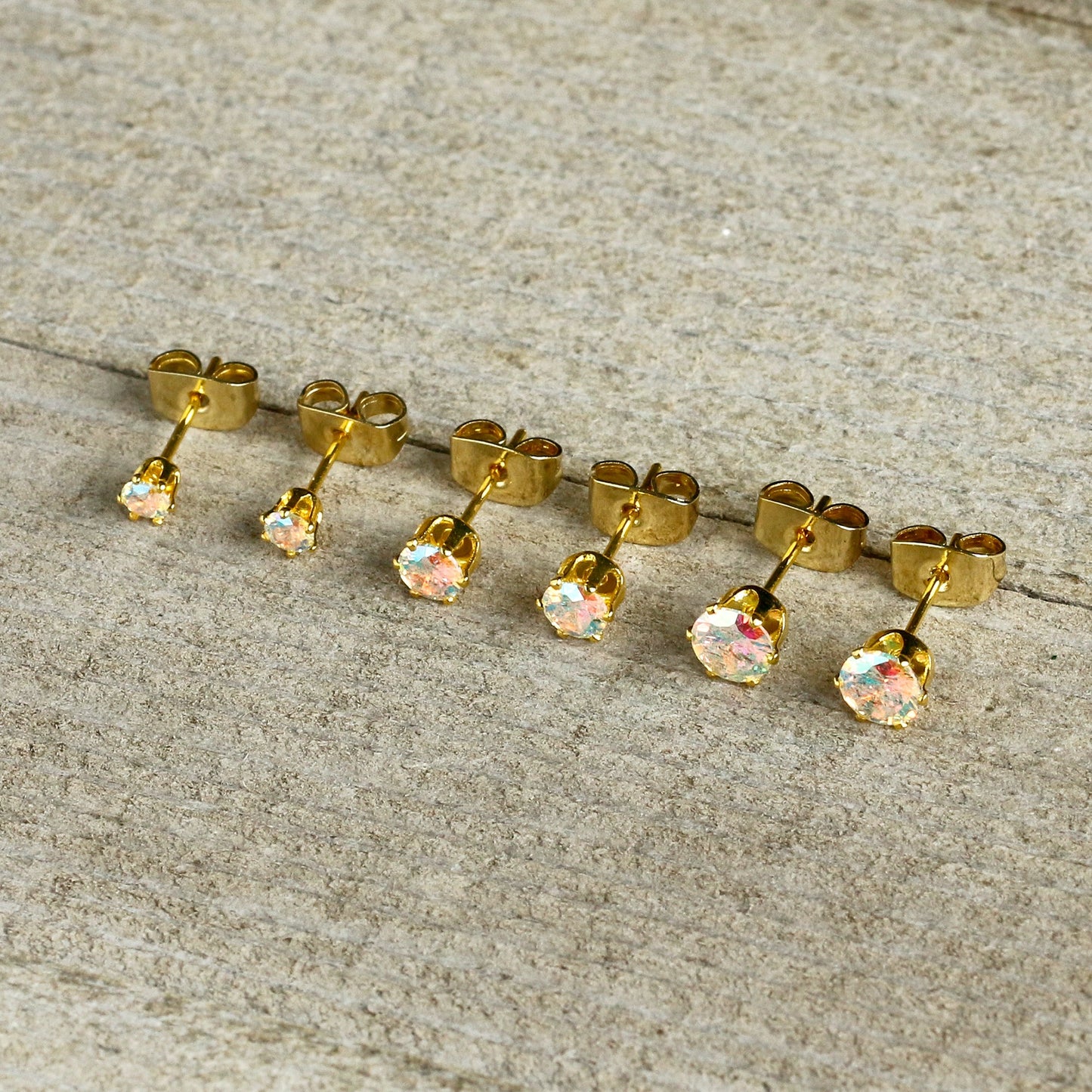 20G Aurora CZ Gem Gold Tone 3mm to 5mm Post Stud Earring Set of 3