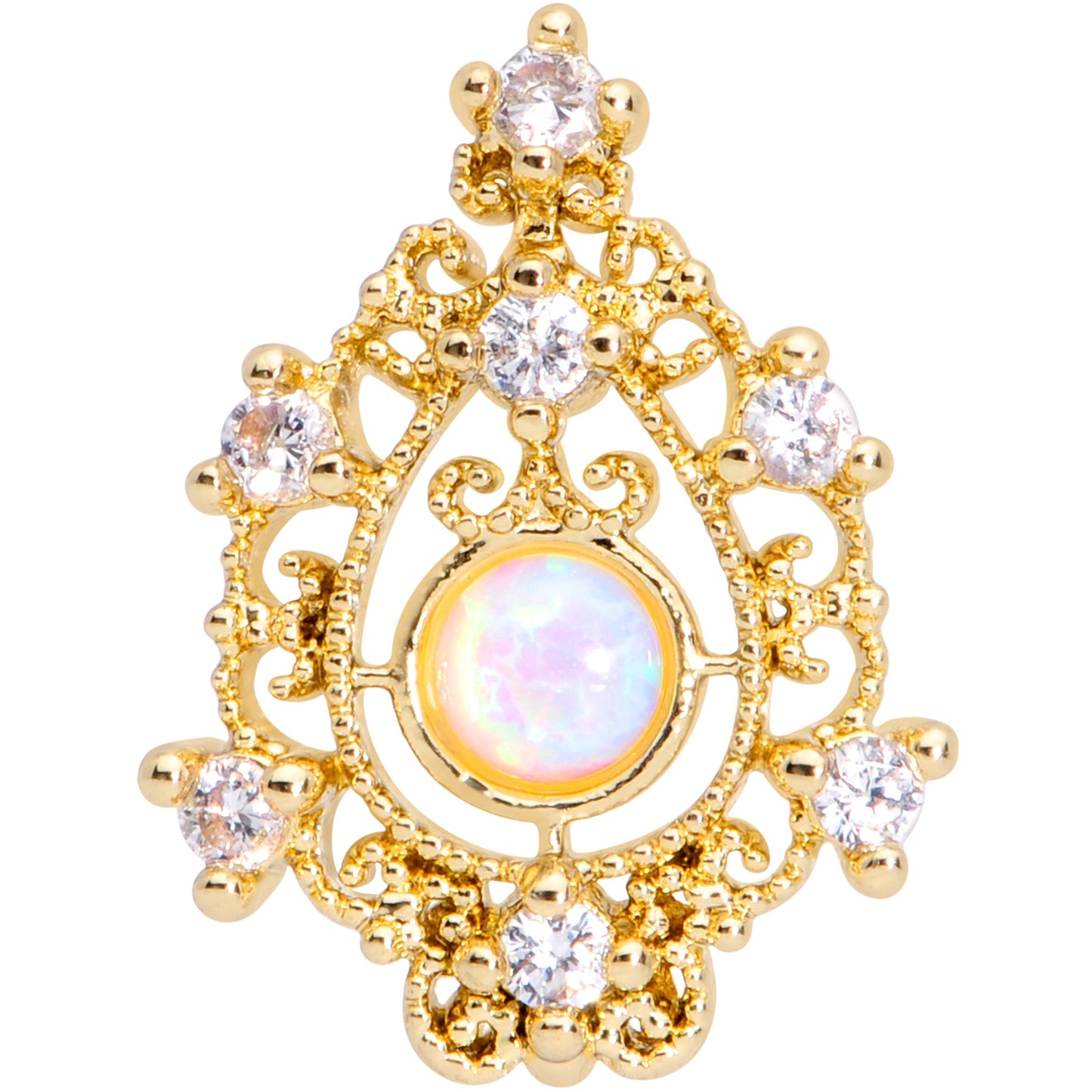 20G 1/4 White Synthetic Opal Gold Tone Scrolling Oval Nose Bone