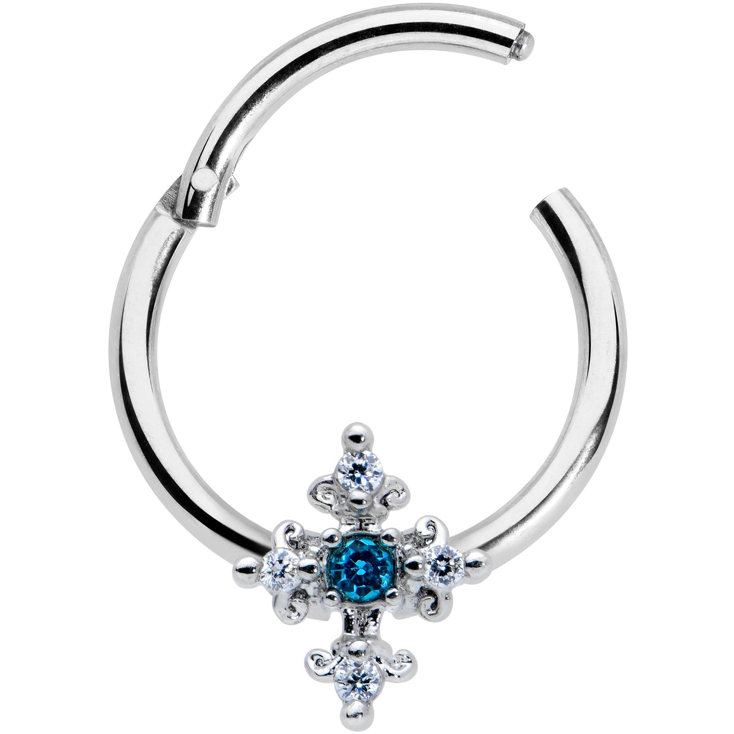16G 3/8 Clear Blue Gem Renaissance Cross Hinged Segment Ring