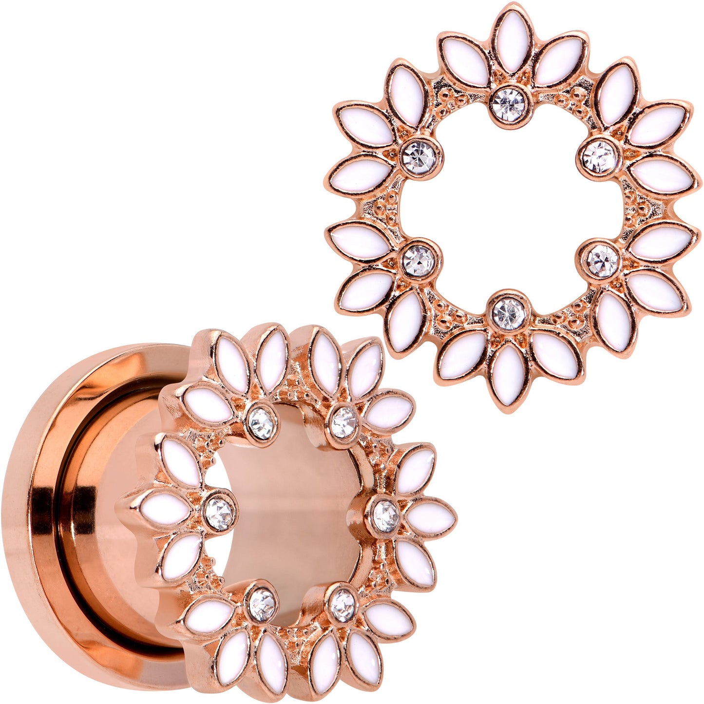 Clear Gem Rose Gold Tone White Leaves Screw Fit Tunnel Plug Set