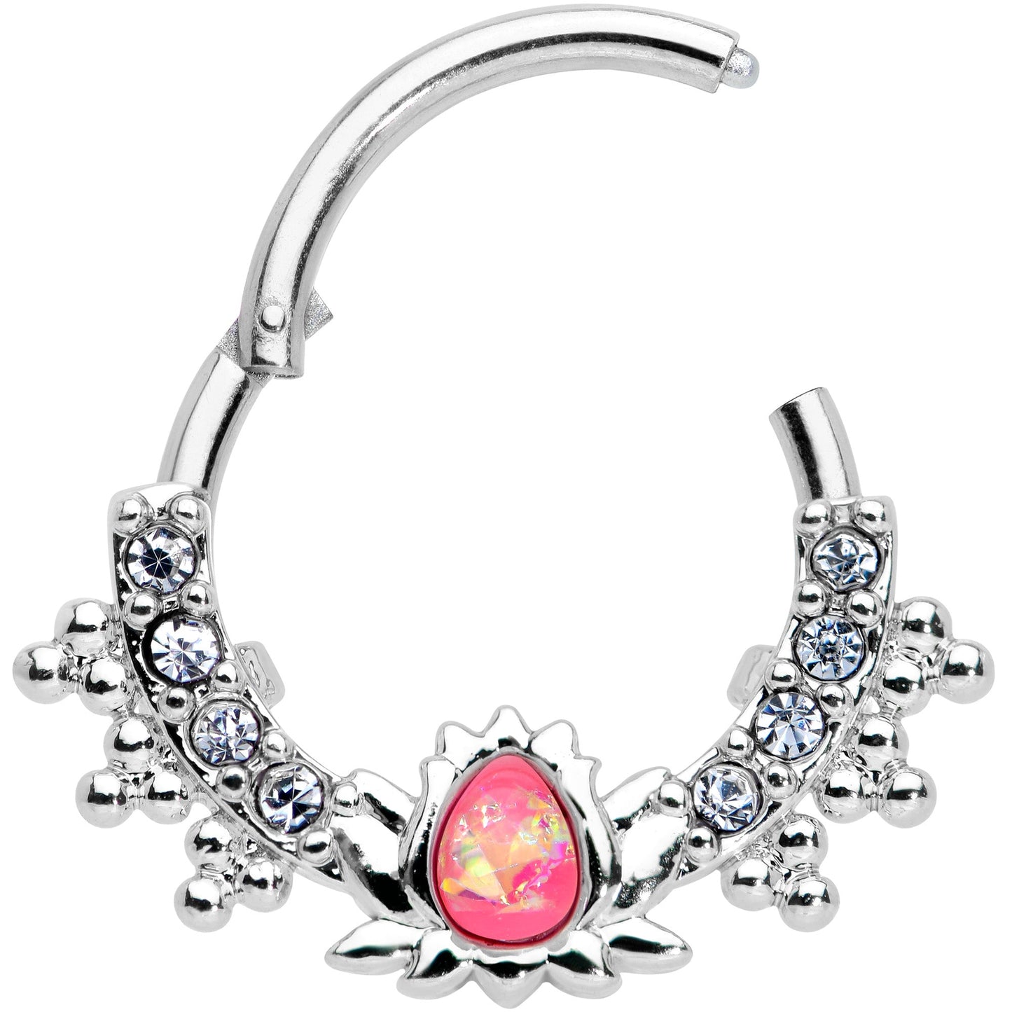 16G 3/8 Pink Faux Opal Stylized Lotus Hinged Segment Ring